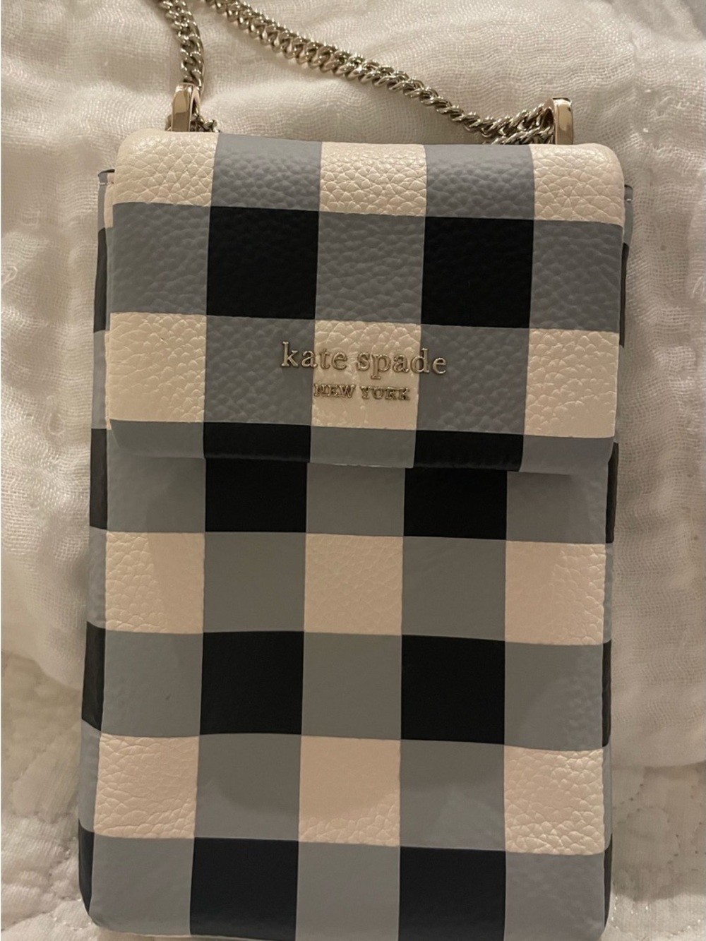 kate spade Black, Gray & Cream Gingham Crossbody Pouch with Chain Strap